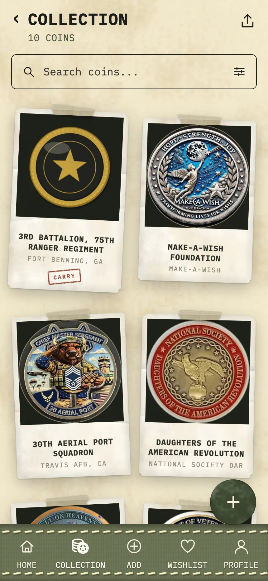 The collection: coins on dark tiles with their unit names