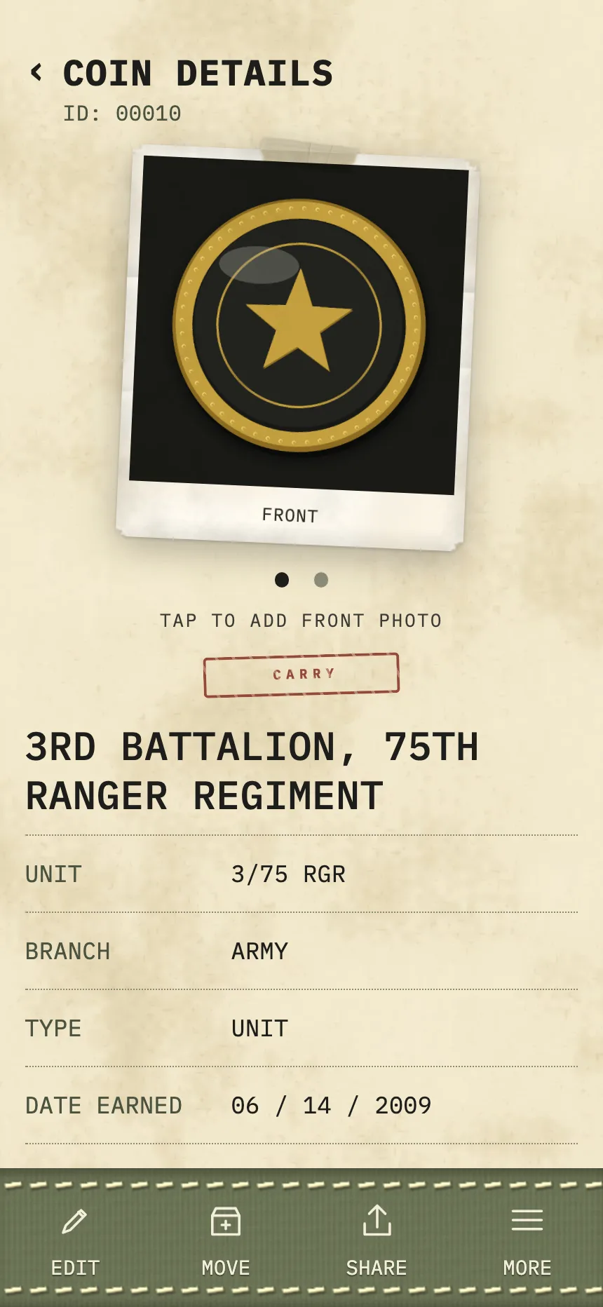 Coin details: the unit, date earned, location, who presented it, and the notes