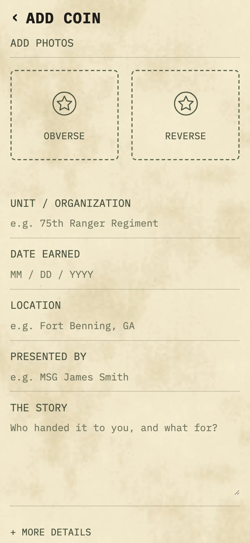Add coin form with photo boxes
